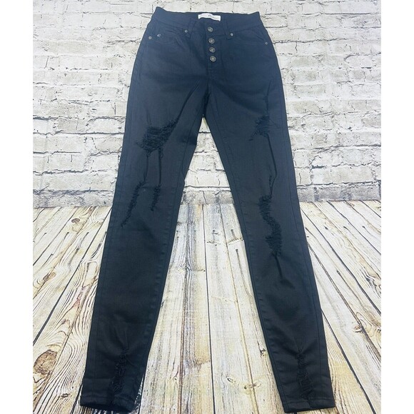 KanCan Jeans Women’s Sz.7/27 Black Distressed Mid Rise Skinny Button-fly Pants - Picture 1 of 12